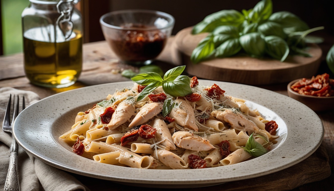 AI-generated illustration: a plate of creamy chicken penne with sun-dried tomatoes, basil and parmesan on a wooden table